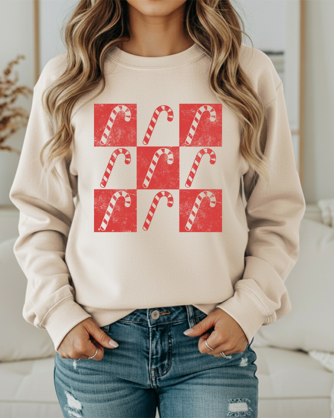 Candy Cane Checker Pattern Christmas Sweatshirt – Festive Holiday Checkerboard Pullover