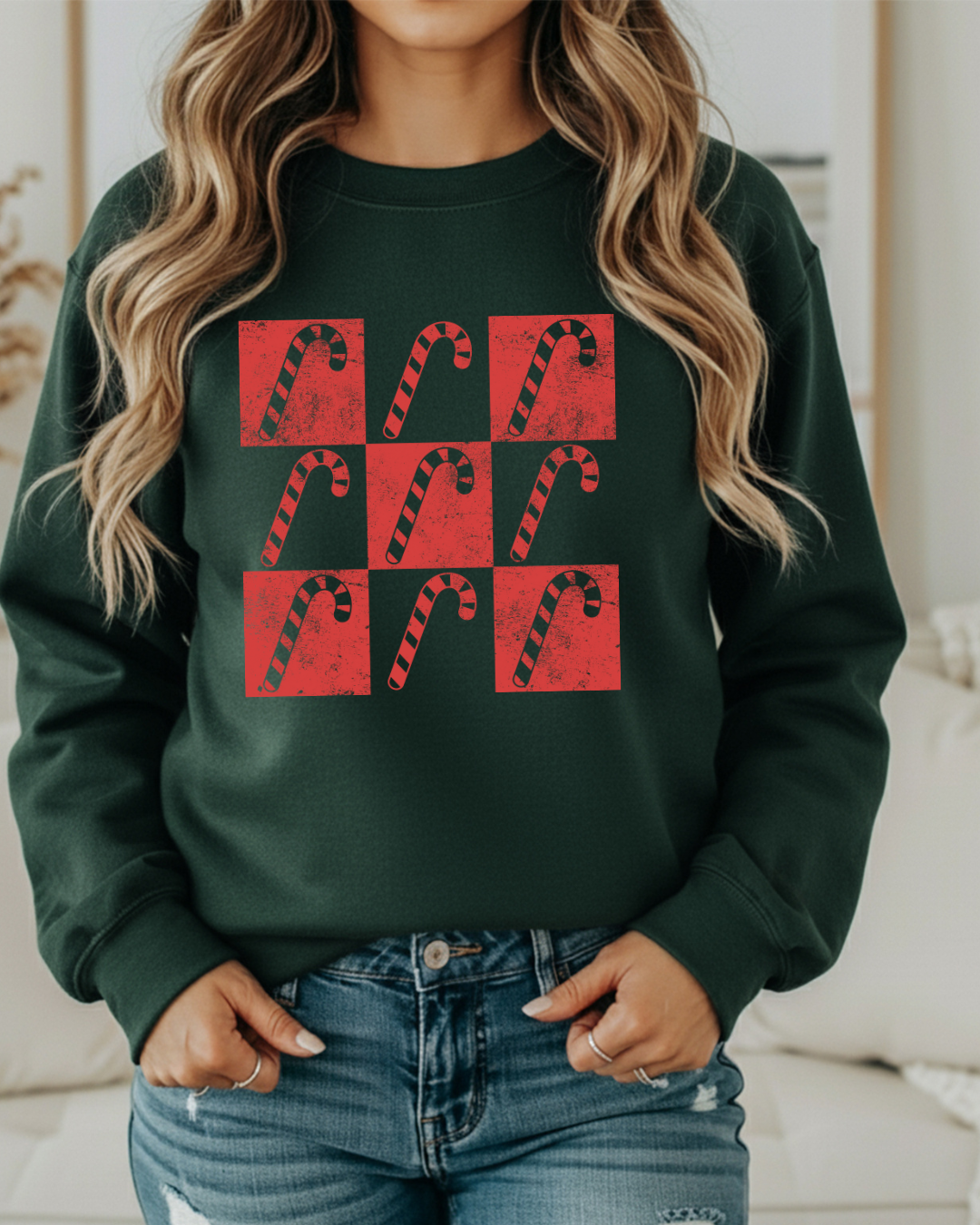 Candy Cane Checker Pattern Christmas Sweatshirt – Festive Holiday Checkerboard Pullover