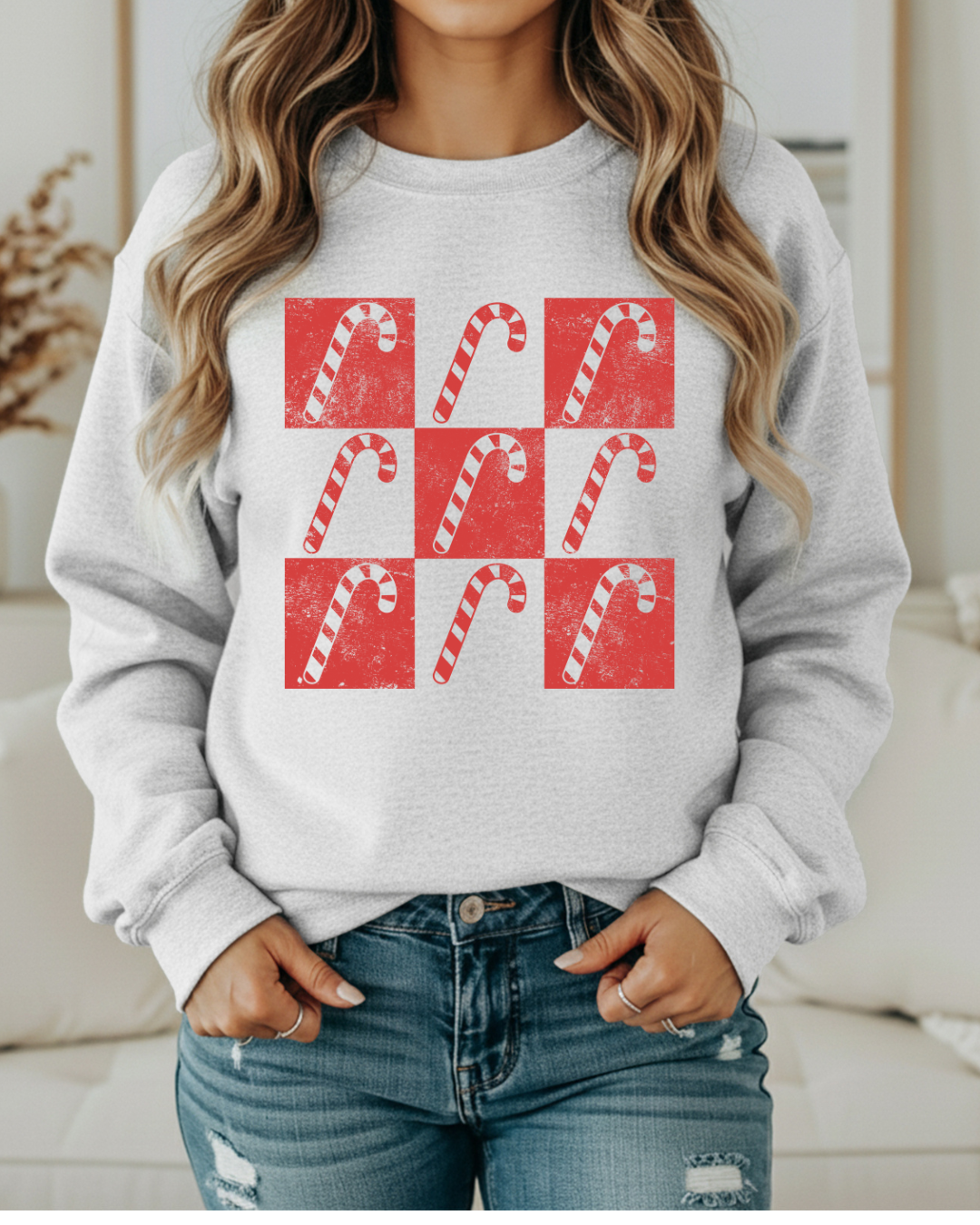 Candy Cane Checker Pattern Christmas Sweatshirt – Festive Holiday Checkerboard Pullover