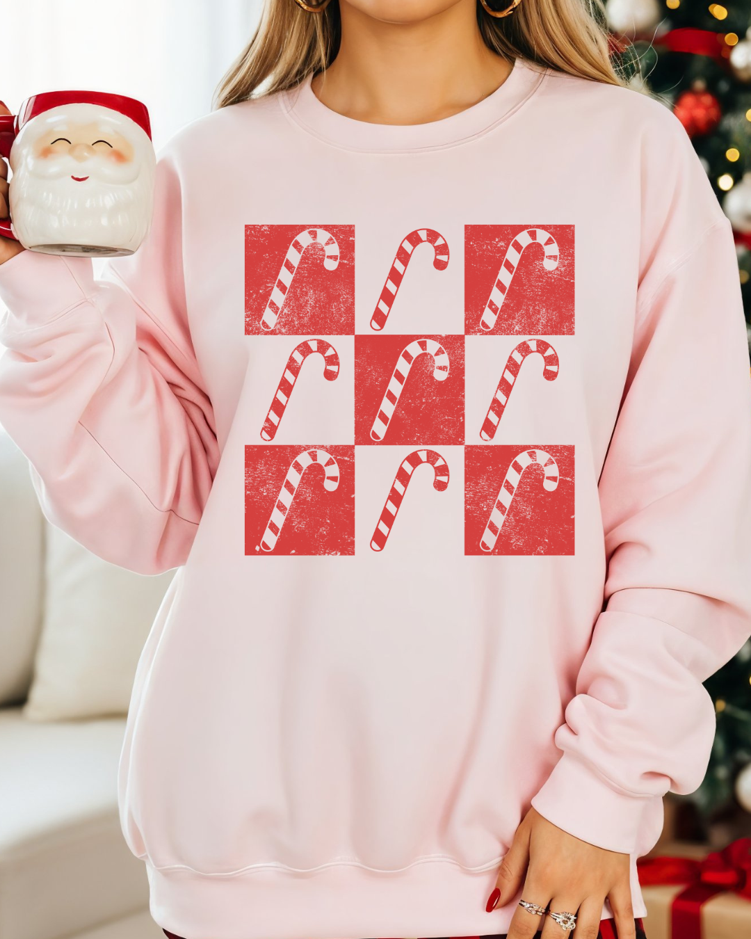Candy Cane Checker Pattern Christmas Sweatshirt – Festive Holiday Checkerboard Pullover