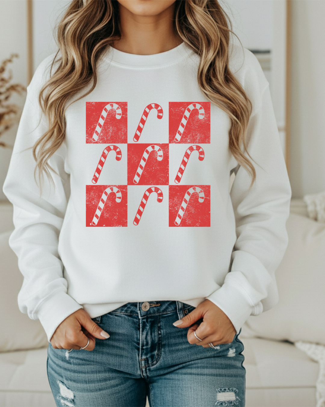 Candy Cane Checker Pattern Christmas Sweatshirt – Festive Holiday Checkerboard Pullover