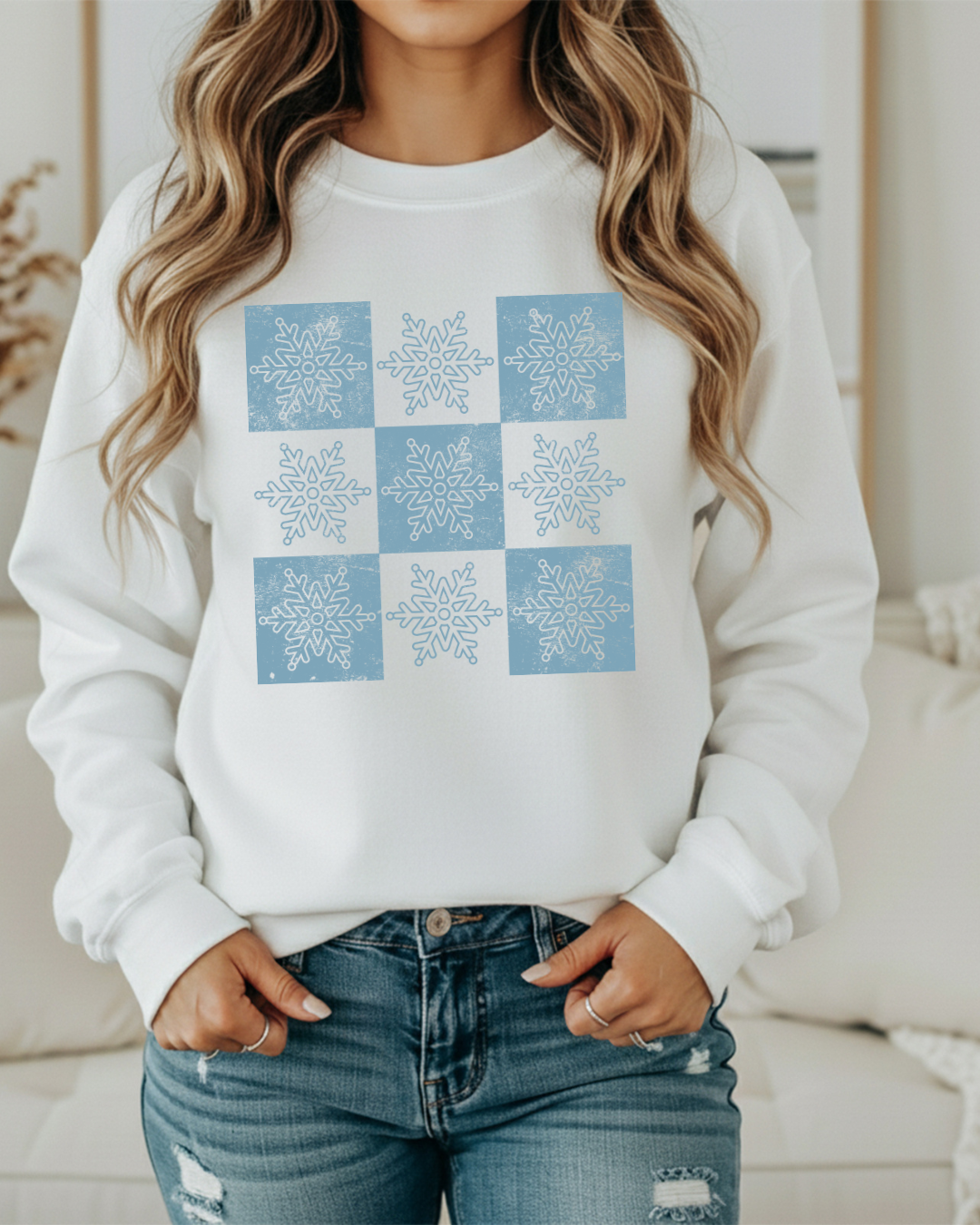 Snowflake Checker Pattern Sweatshirt – Winter Checkered Pullover
