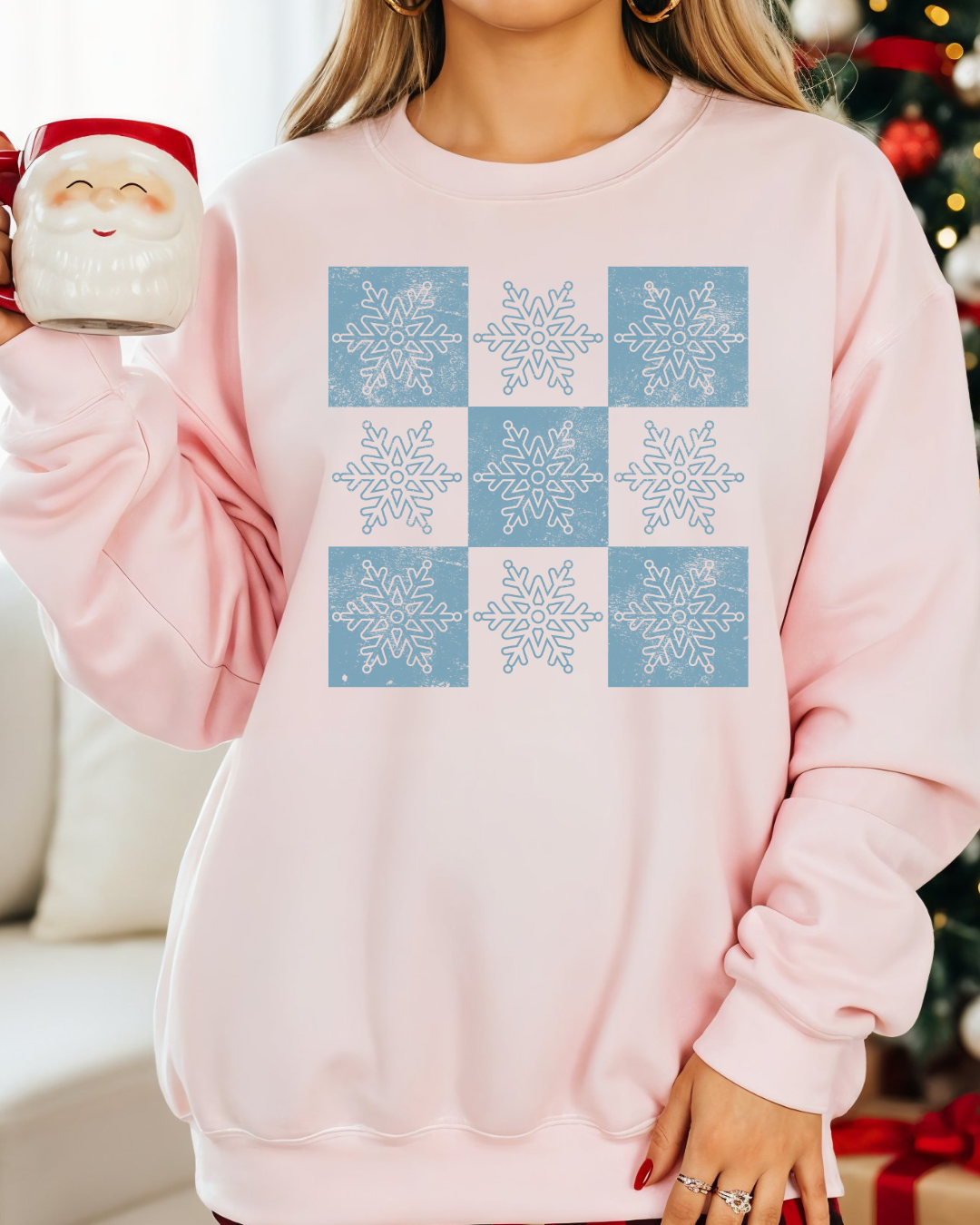 Snowflake Checker Pattern Sweatshirt – Winter Checkered Pullover