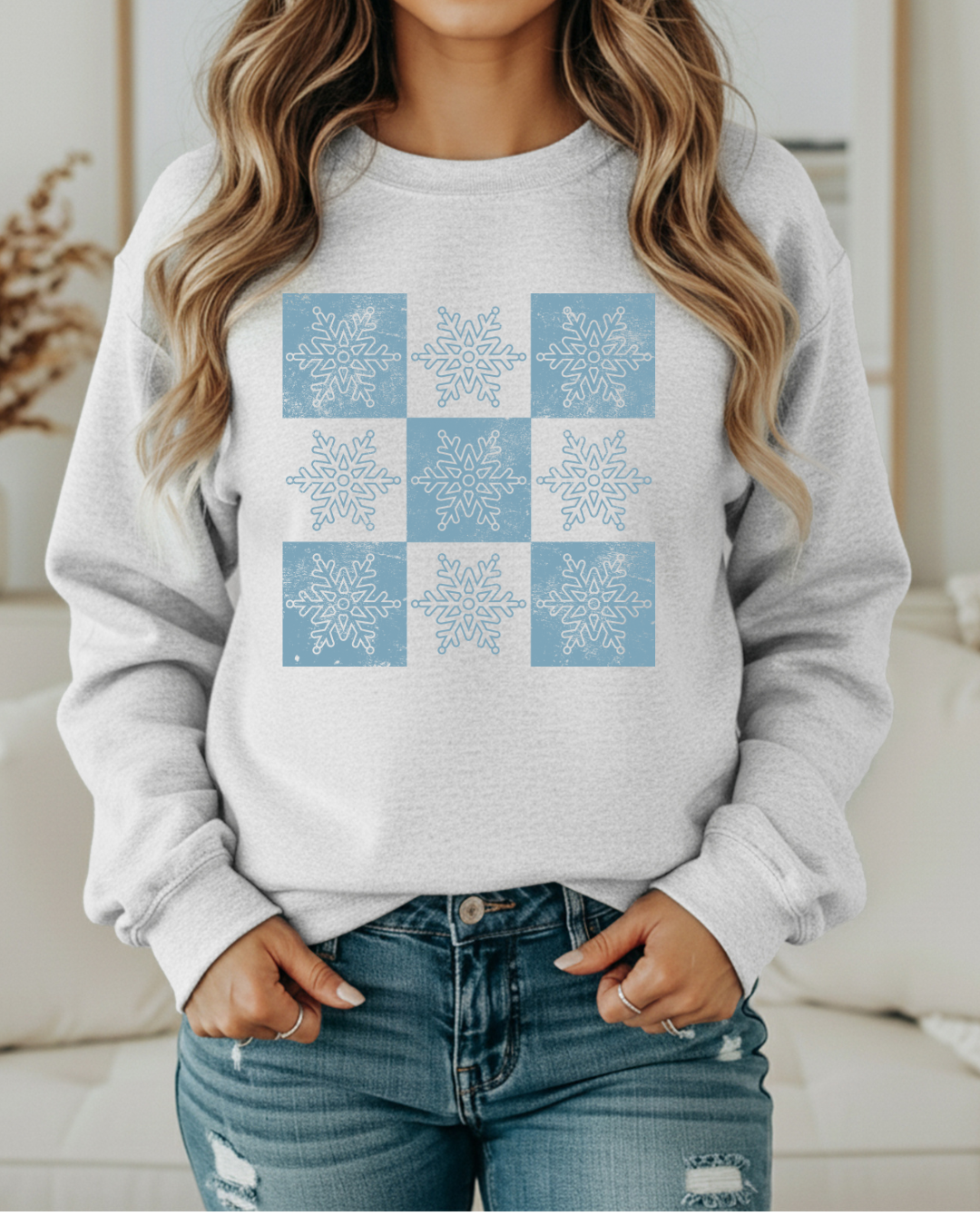 Snowflake Checker Pattern Sweatshirt – Winter Checkered Pullover