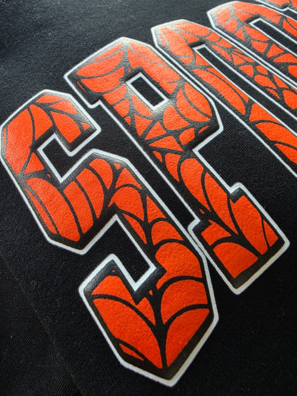 Spider web on Orange Spooky design on a black Hoodie