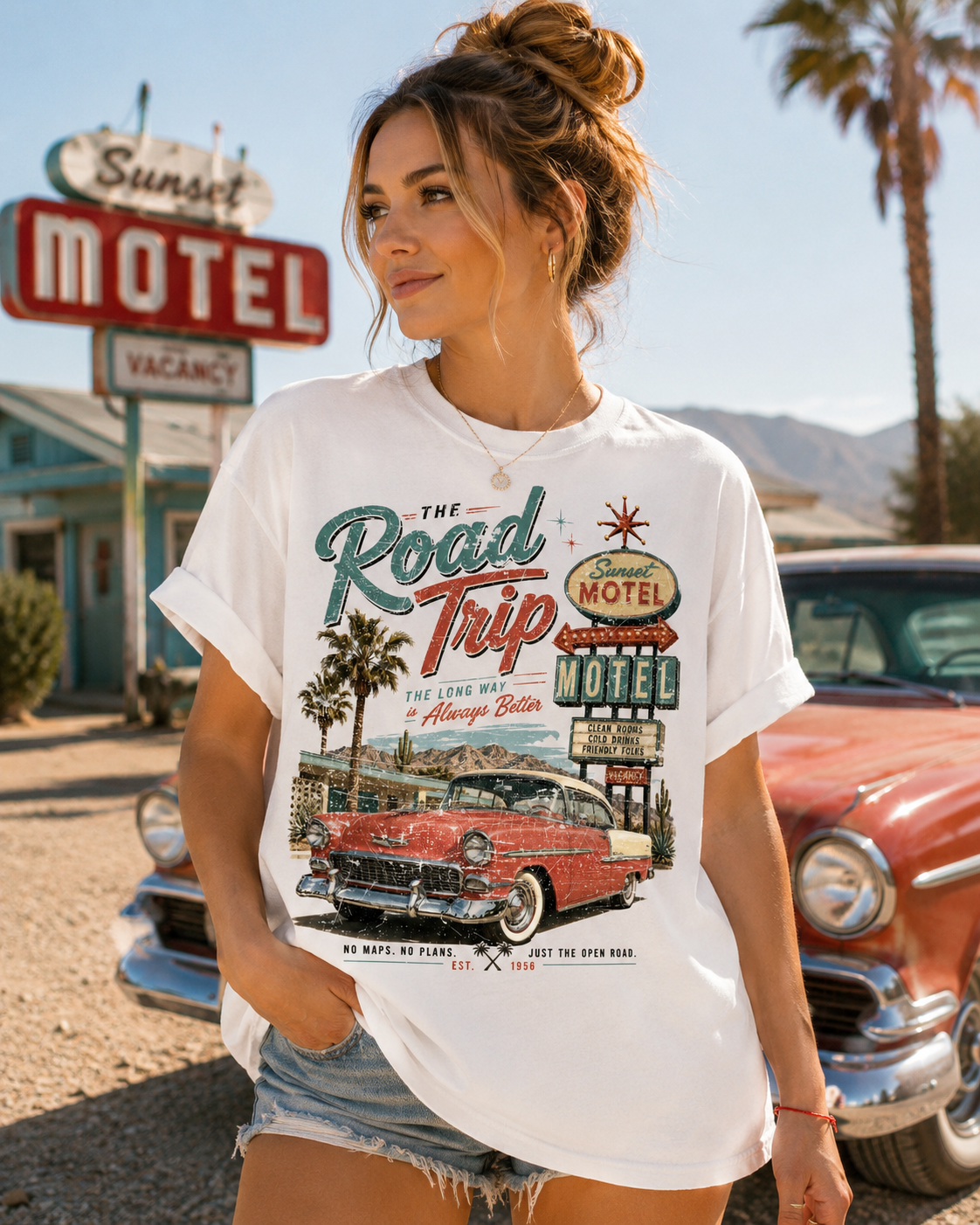 The Road Trip Graphic Tee | Vintage California Motel & Classic Car Shirt