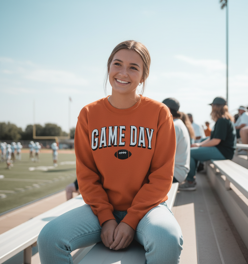 Football Game Day Sweatshirt – 3D Puff Print Game Day Crewneck, Football Mom Shirt, Team Spirit Fan Pullover, Custom Color Game Day Gift