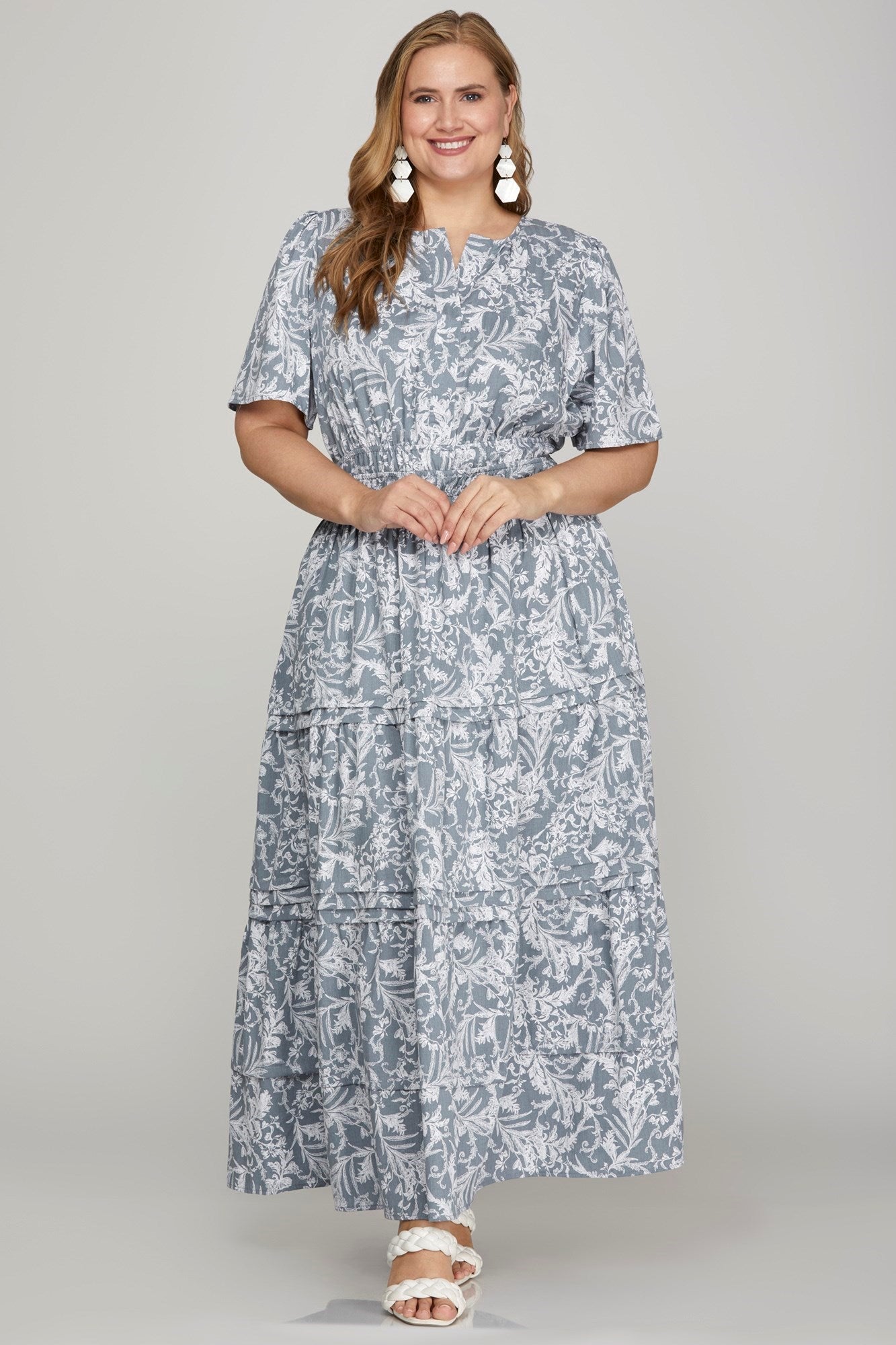 She + Sky Printed Notched Woven Tiered Pintuck Maxi Dress with Side Pockets