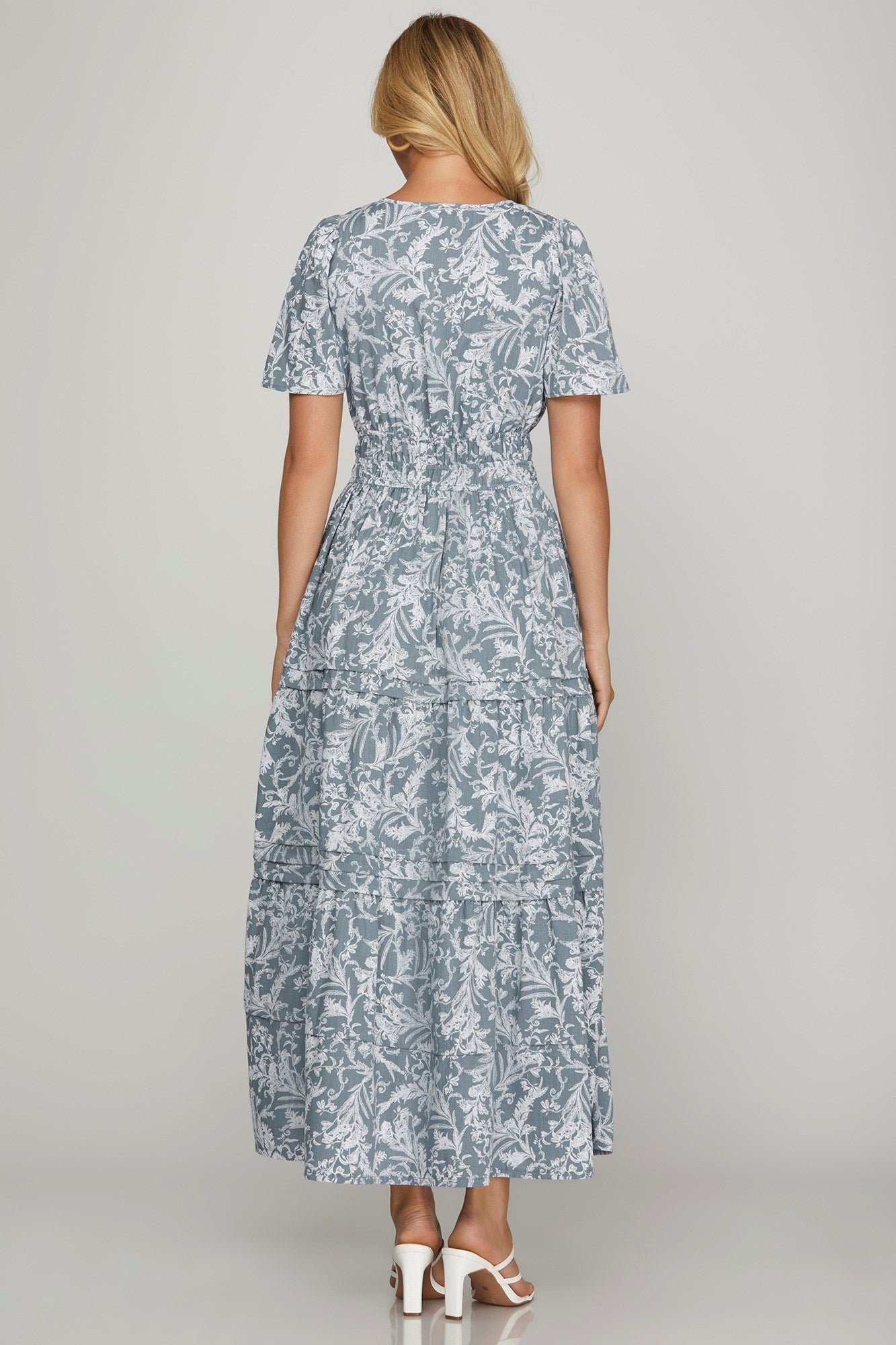 She + Sky Printed Notched Woven Tiered Pintuck Maxi Dress with Side Pockets