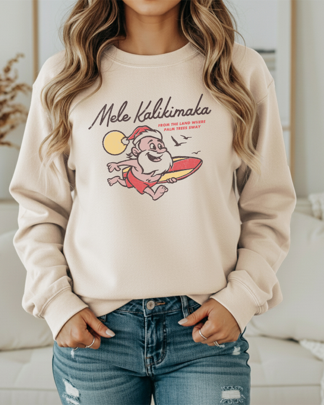 Mele Kalikimaka Santa Sweatshirt | Surfboard Christmas Crewneck | Tropical Holiday Pullover “From the Land Where Palm Trees Sway”