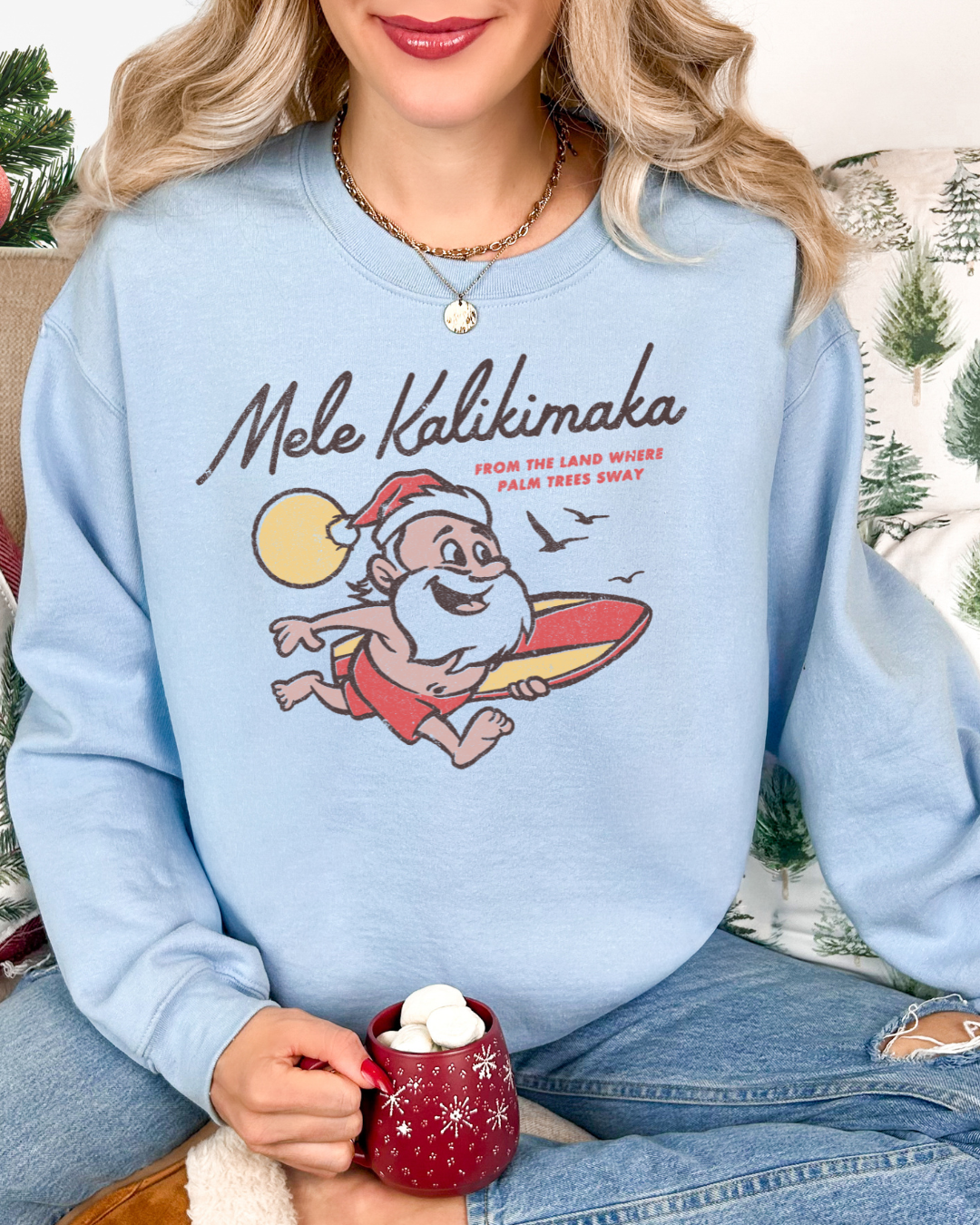 Mele Kalikimaka Santa Sweatshirt | Surfboard Christmas Crewneck | Tropical Holiday Pullover “From the Land Where Palm Trees Sway”