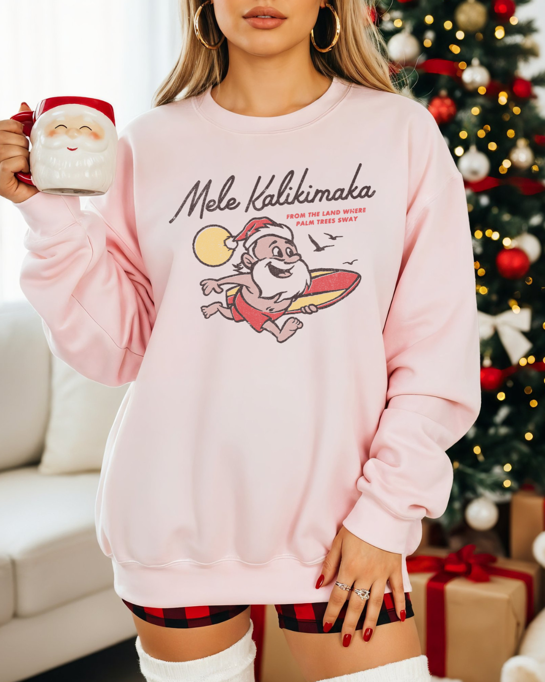 Mele Kalikimaka Santa Sweatshirt | Surfboard Christmas Crewneck | Tropical Holiday Pullover “From the Land Where Palm Trees Sway”