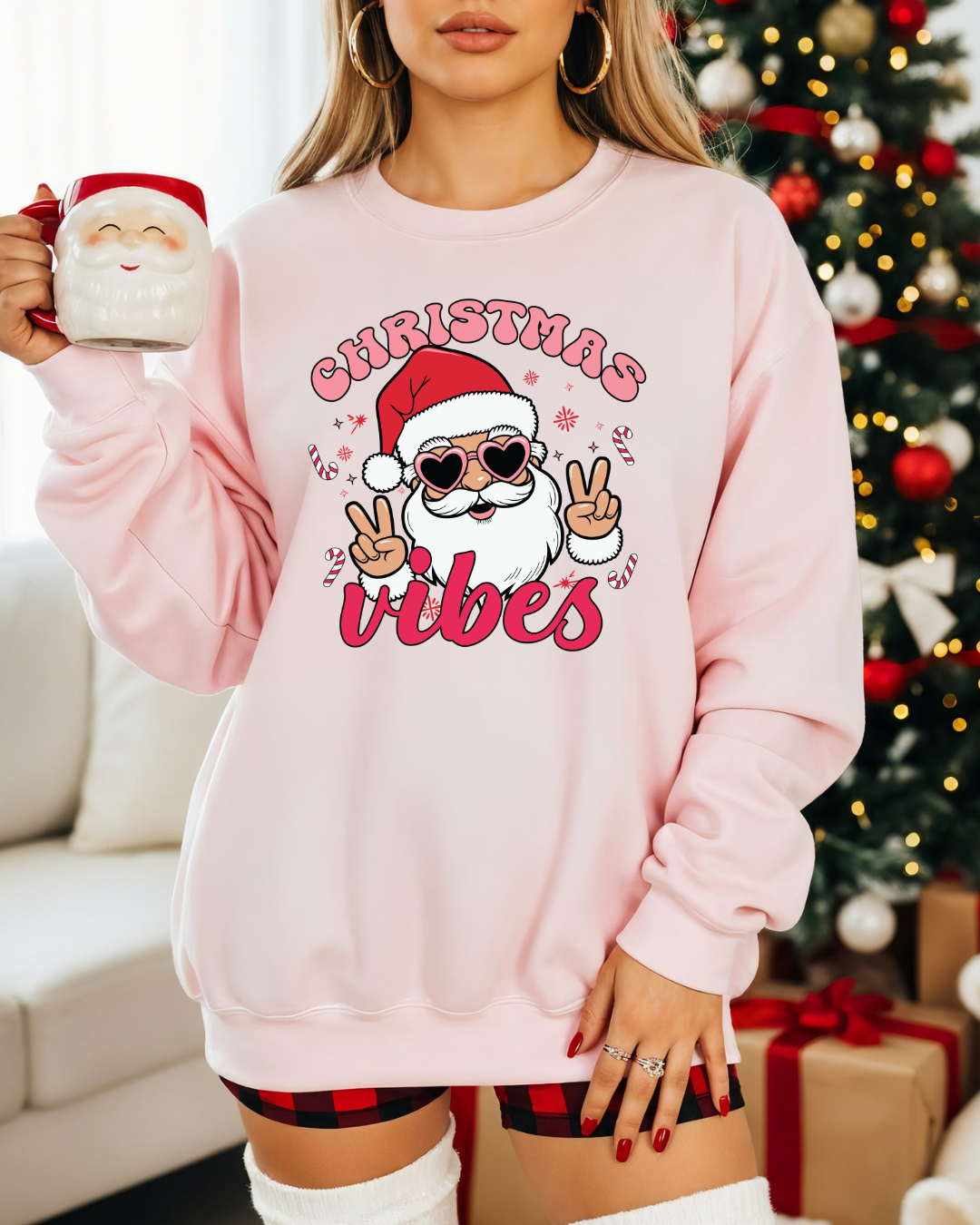 Christmas Vibes Sweatshirt – Retro Santa in Heart Glasses | Cute Holiday Crewneck for Women | Cozy Christmas Pullover