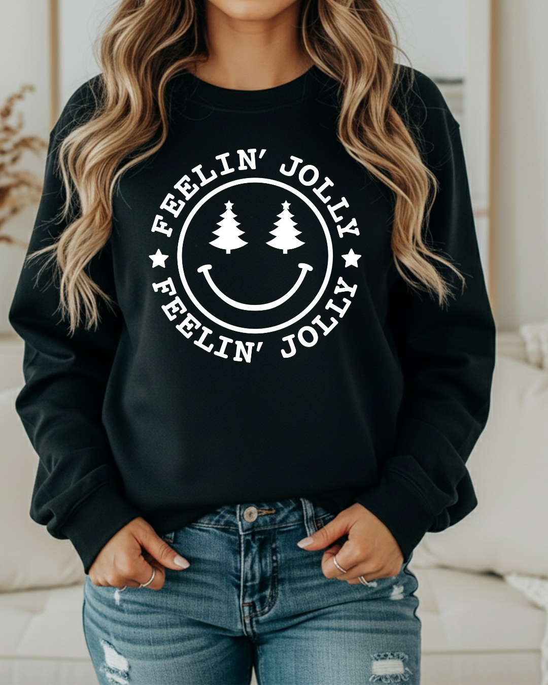 Feelin’ Jolly Christmas Sweatshirt | Smiley Face with Christmas Trees | Festive Holiday Crewneck in Red, Forest Green and Black