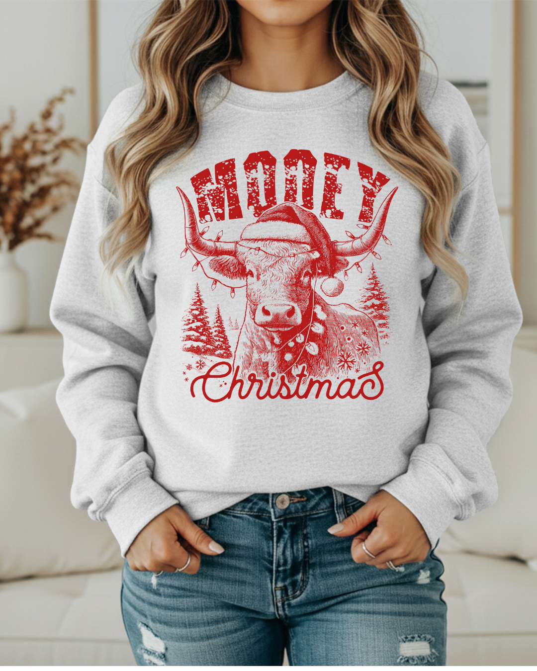 Mooey Christmas Highland Cow Sweatshirt | Western Christmas Crewneck | Cute Holiday Pullover in White, Ash, or Sand