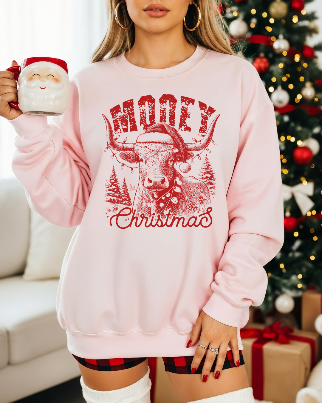 Mooey Christmas Highland Cow Sweatshirt | Western Christmas Crewneck | Cute Holiday Pullover in White, Ash, or Sand