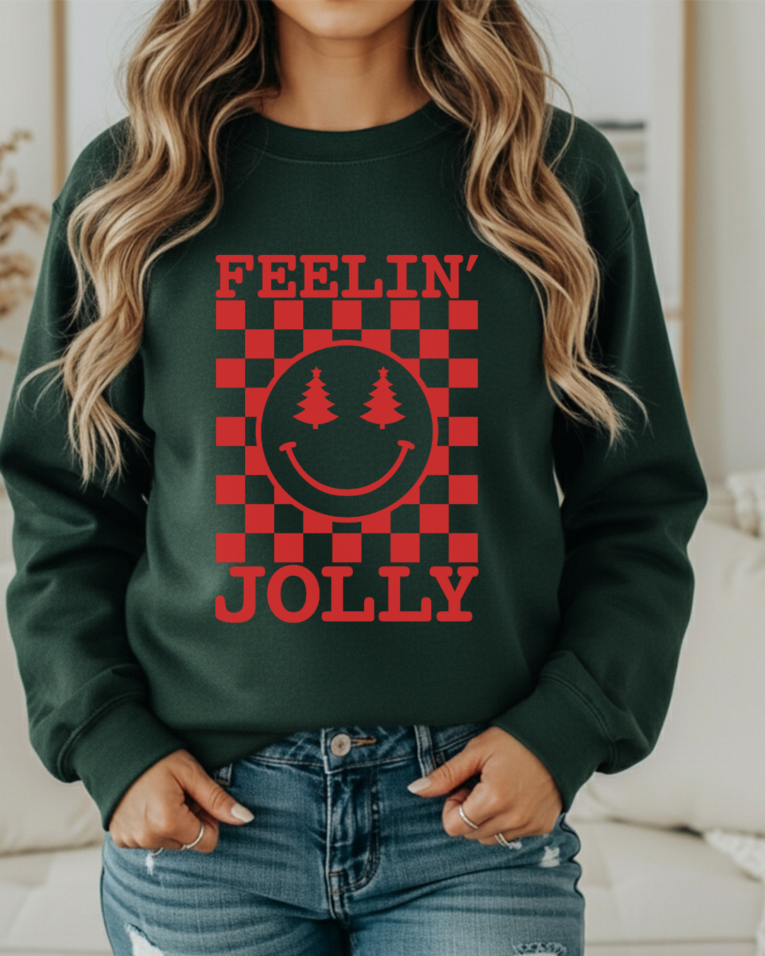 Feelin’ Jolly Checkered Smiley Christmas Sweatshirt | Holiday Crewneck with Tree Eyes | Pink, White, Ash & Sand