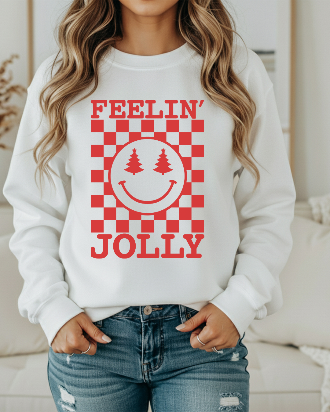 Feelin’ Jolly Checkered Smiley Christmas Sweatshirt | Holiday Crewneck with Tree Eyes | Pink, White, Ash & Sand