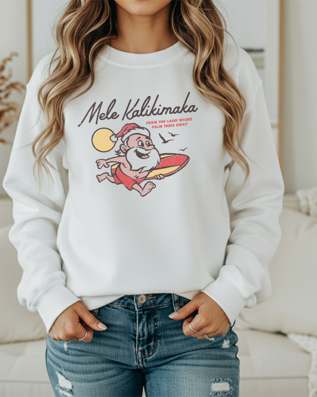 Mele Kalikimaka Santa Sweatshirt | Surfboard Christmas Crewneck | Tropical Holiday Pullover “From the Land Where Palm Trees Sway”