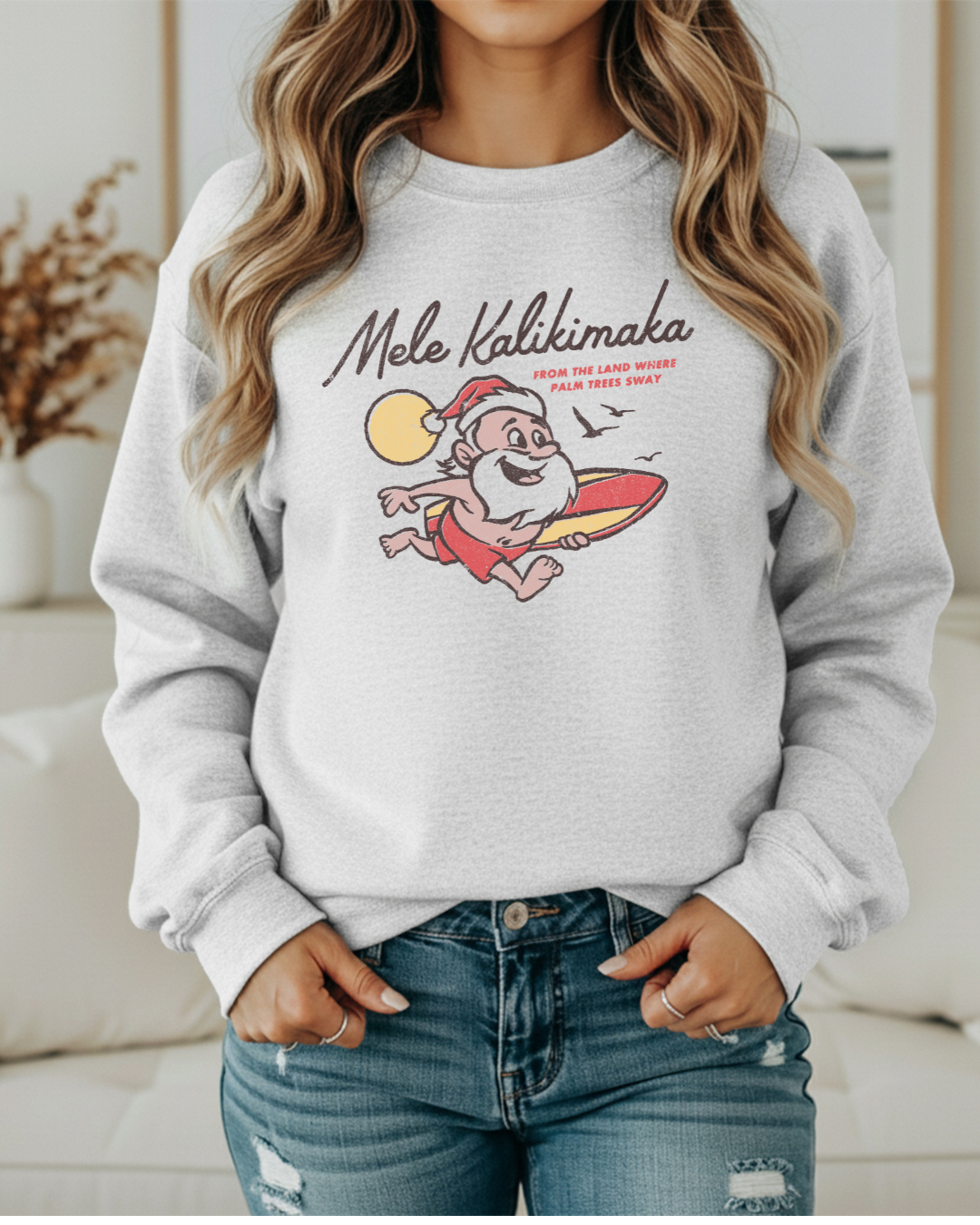 Mele Kalikimaka Santa Sweatshirt | Surfboard Christmas Crewneck | Tropical Holiday Pullover “From the Land Where Palm Trees Sway”