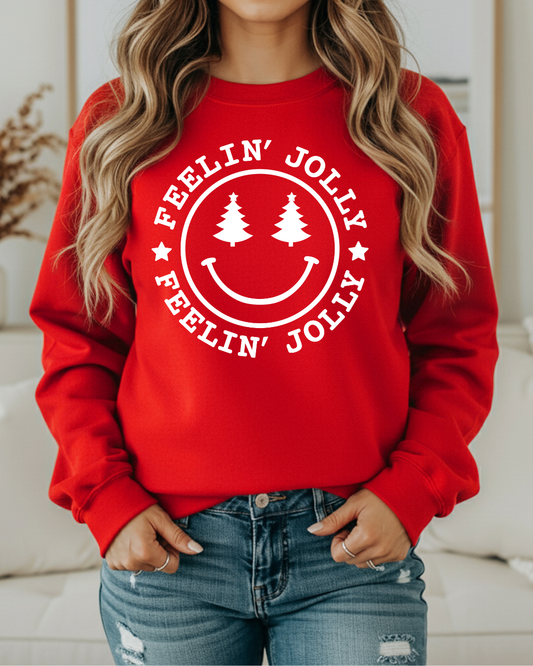 Feelin’ Jolly Christmas Sweatshirt | Smiley Face with Christmas Trees | Festive Holiday Crewneck in Red, Forest Green and Black
