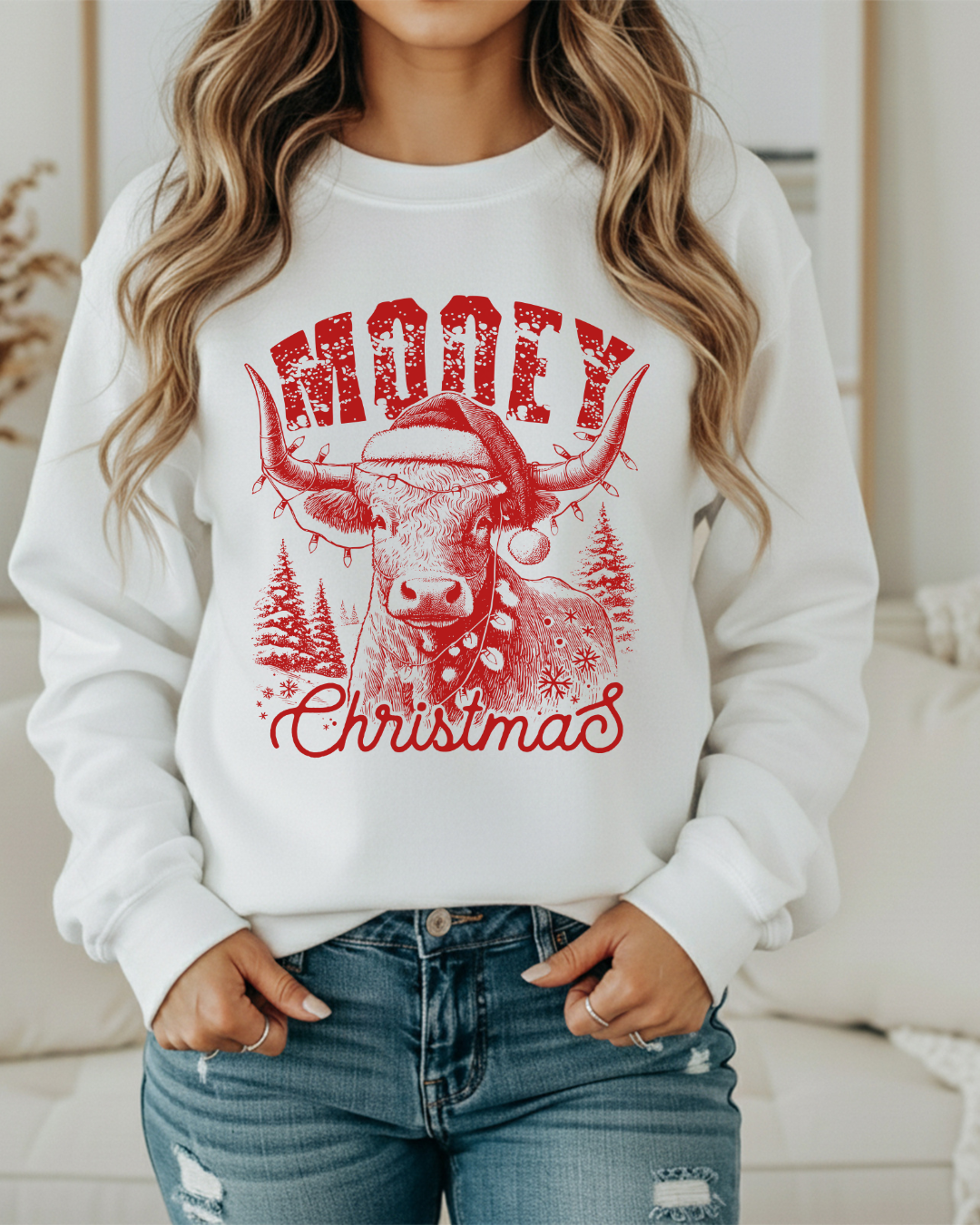 Mooey Christmas Highland Cow Sweatshirt | Western Christmas Crewneck | Cute Holiday Pullover in White, Ash, or Sand