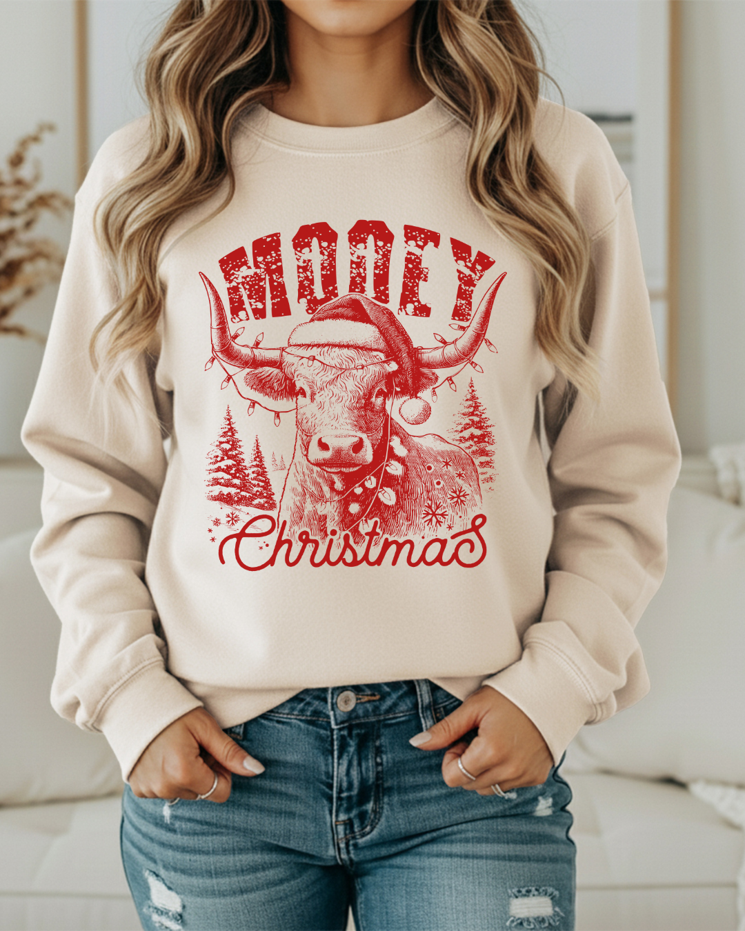Mooey Christmas Highland Cow Sweatshirt | Western Christmas Crewneck | Cute Holiday Pullover in White, Ash, or Sand