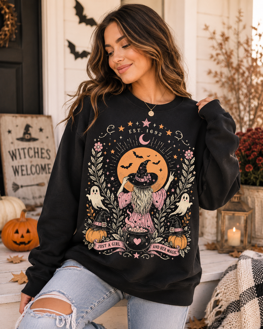 Cute Witch Halloween Sweatshirt | Just A Girl And Her Magic Graphic Oversized Fleece Sweatshirt