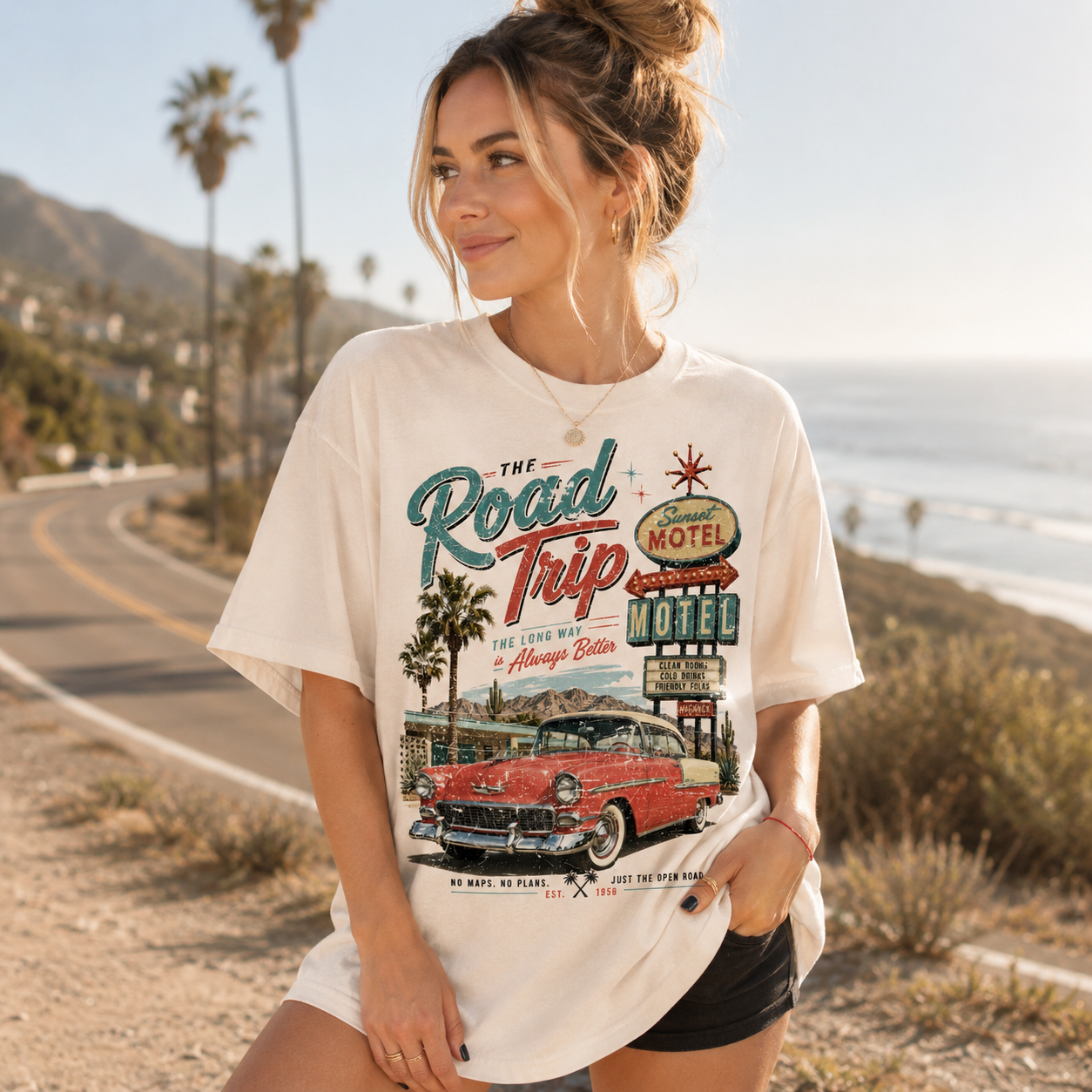 The Road Trip Graphic Tee | Vintage California Motel & Classic Car Shirt