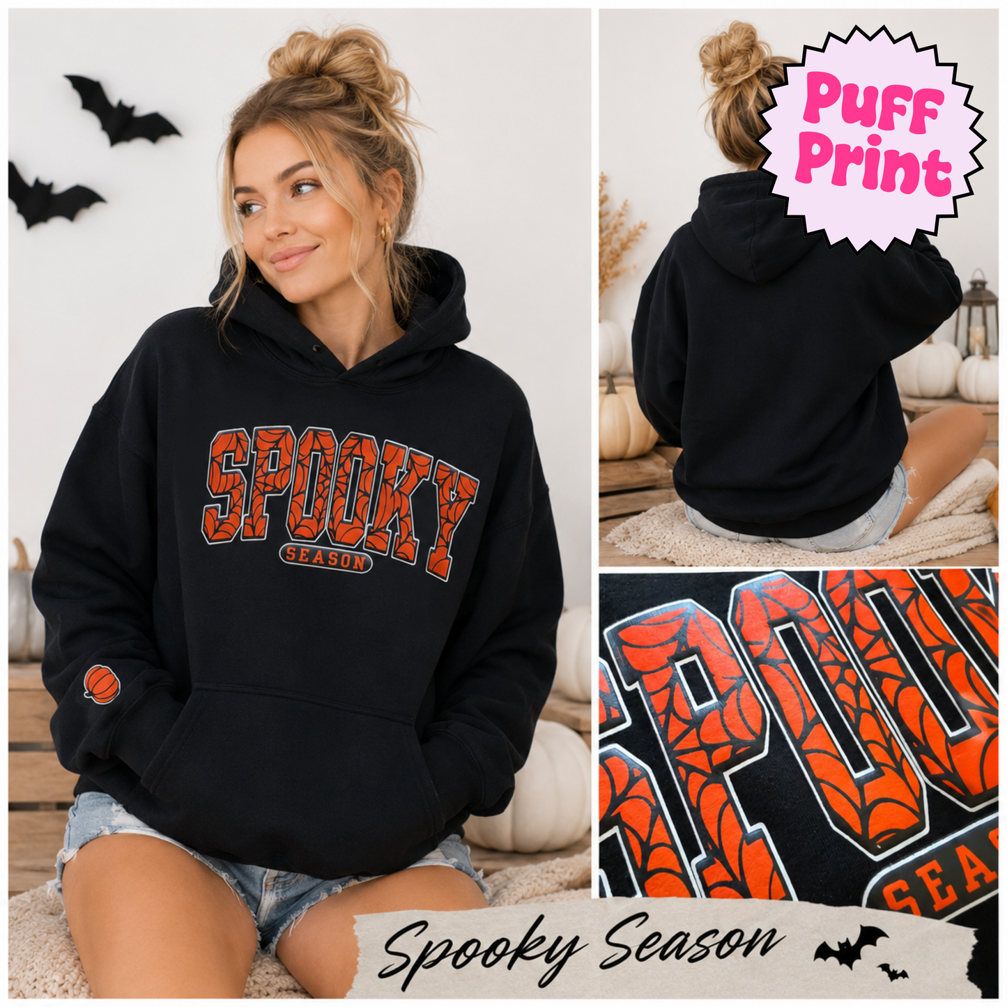 Spooky Season Puff Print Hoodie, Halloween Hoodie, Vintage Spooky Sweatshirt, Fall Crewneck, Cozy Halloween Sweatshirt, Pumpkin Hoodie