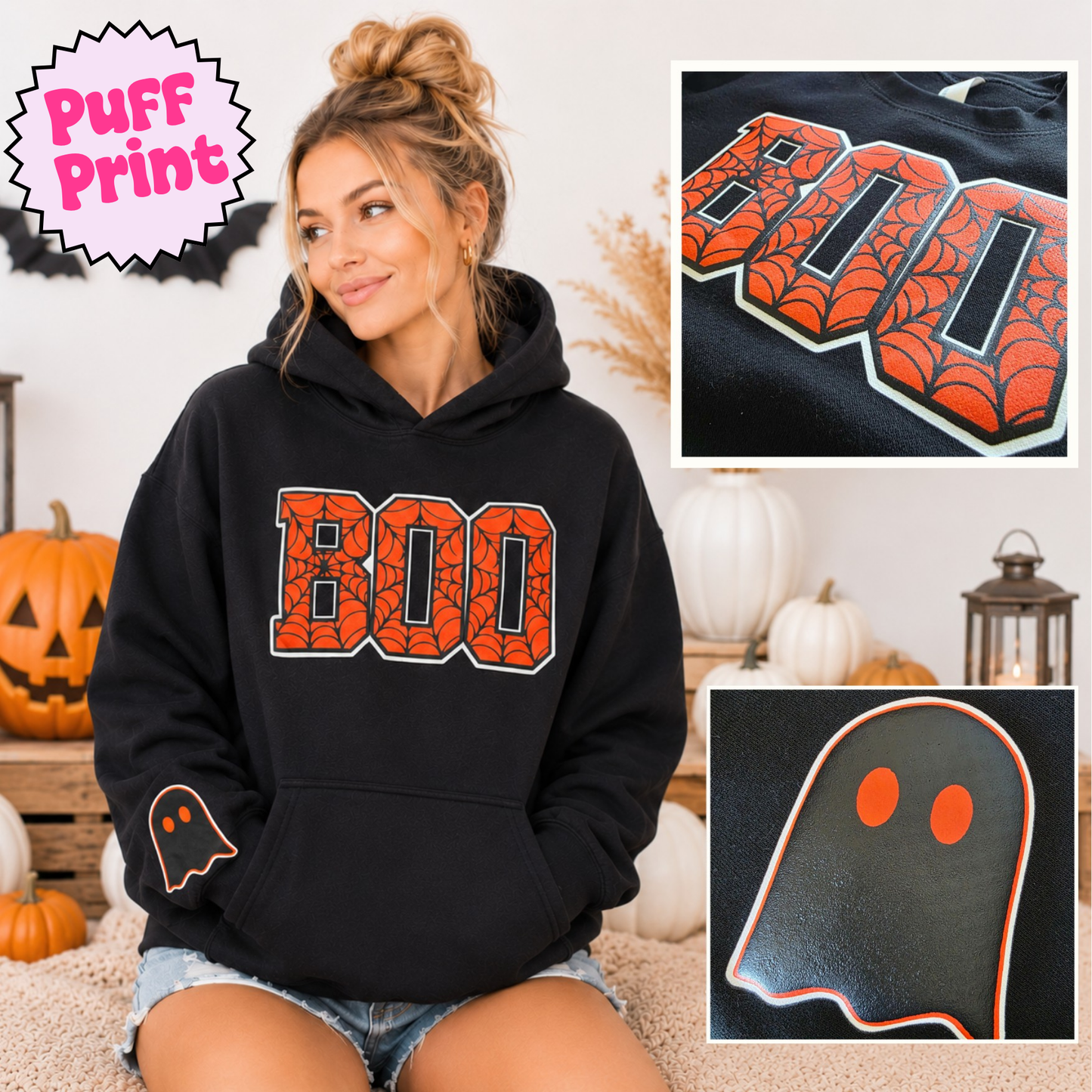 BOO Puff Print Hoodie, Halloween Hoodie, Cute Spooky, Ghost Sleeve Hoodie, Fall Hoodie, Cozy Halloween Hooide