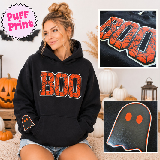 BOO Puff Print Hoodie, Halloween Hoodie, Cute Spooky, Ghost Sleeve Hoodie, Fall Hoodie, Cozy Halloween Hooide