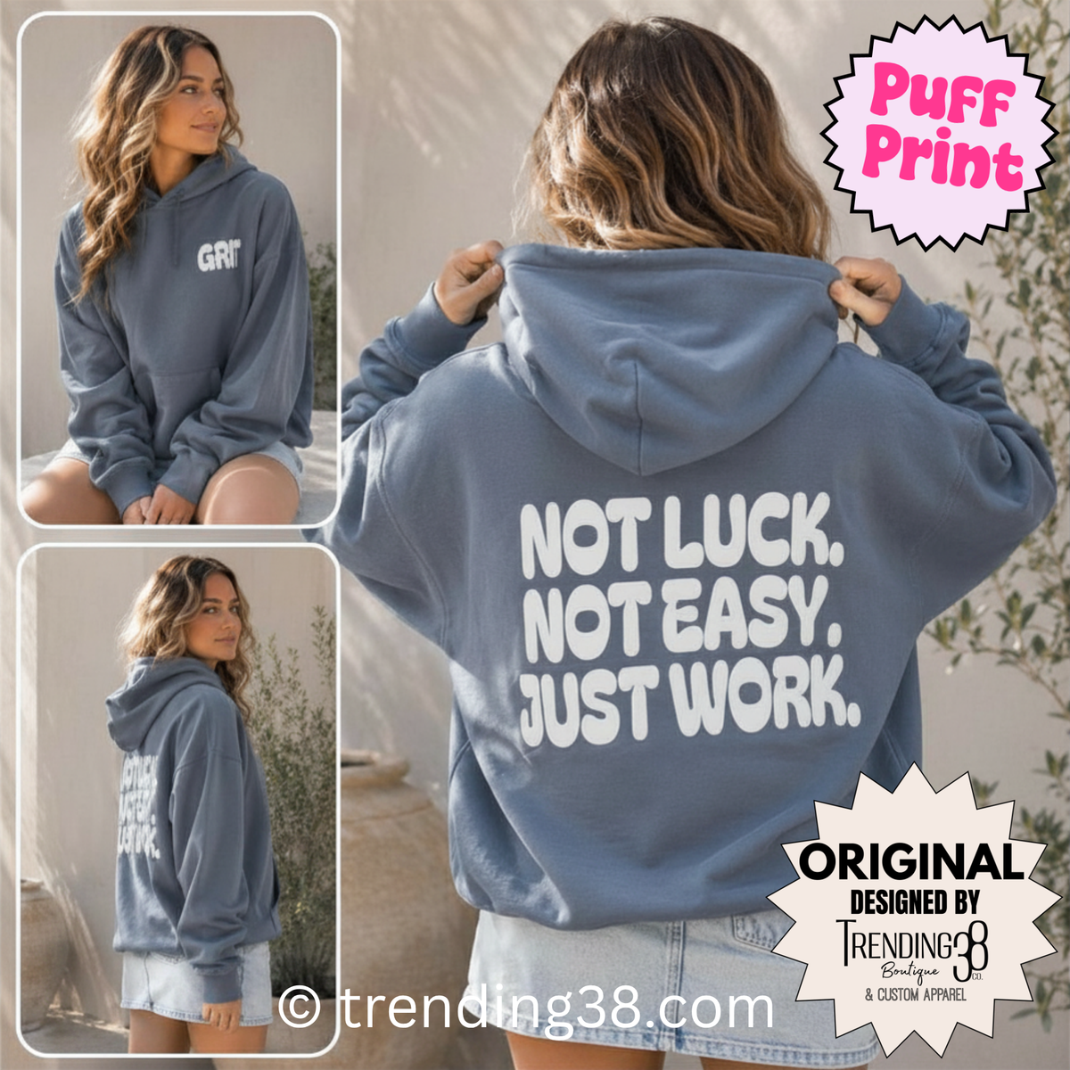 Not Luck. Not Easy. Just Work. Grit Puff Hoodie