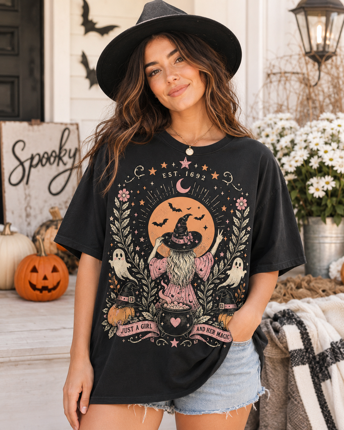 Cute Witch Halloween Shirt | Just A Girl And Her Magic Comfort Colors Graphic Tee