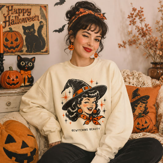 Bewitching Beauty | Retro Halloween Witch Lightweight Crewneck