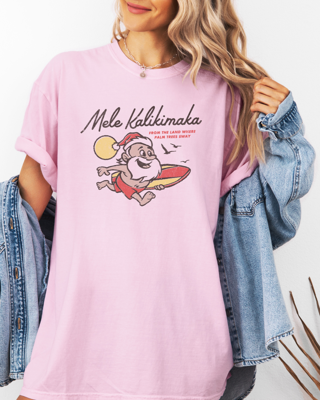 Mele Kalikimaka Santa Surfboard Tee – Tropical Christmas Shirt | Comfort Colors
