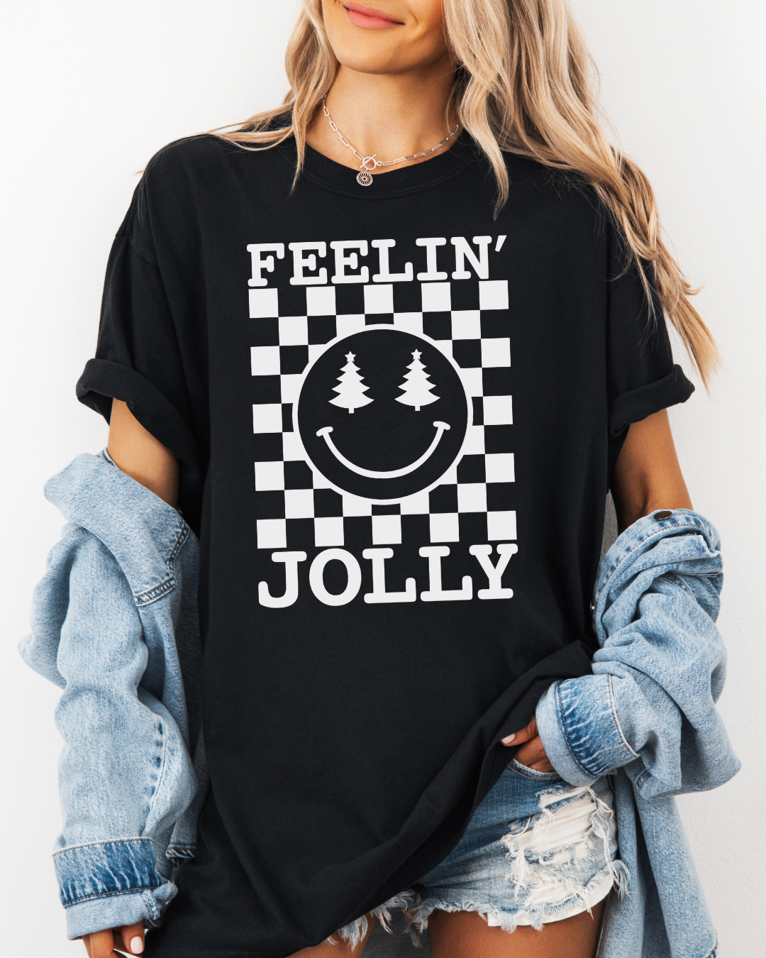 Feelin' Jolly Christmas Graphic Tee | Holiday Smiley Face with Christmas Tree Eyes | Comfort Colors Shirt