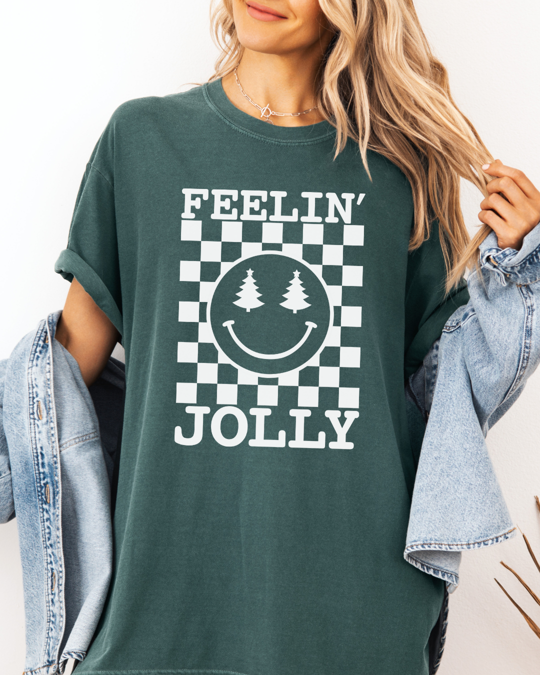Feelin' Jolly Christmas Graphic Tee | Holiday Smiley Face with Christmas Tree Eyes | Comfort Colors Shirt