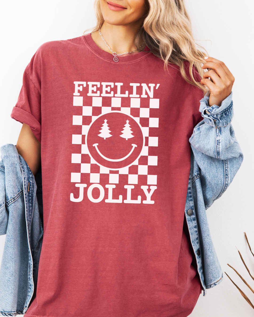 Feelin' Jolly Christmas Graphic Tee | Holiday Smiley Face with Christmas Tree Eyes | Comfort Colors Shirt