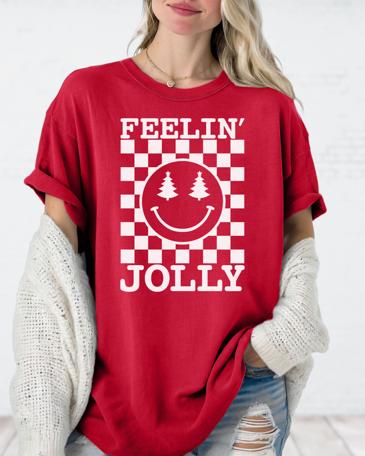 Feelin' Jolly Christmas Graphic Tee | Holiday Smiley Face with Christmas Tree Eyes | Comfort Colors Shirt